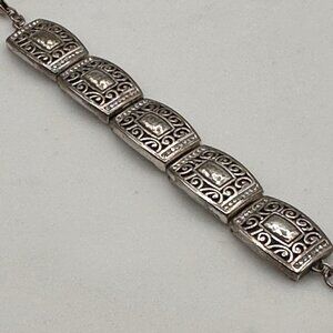 Vintage Brighton Silver-Plated Hammered Link Bracelet w/ Clear Crystals 7 - 8”